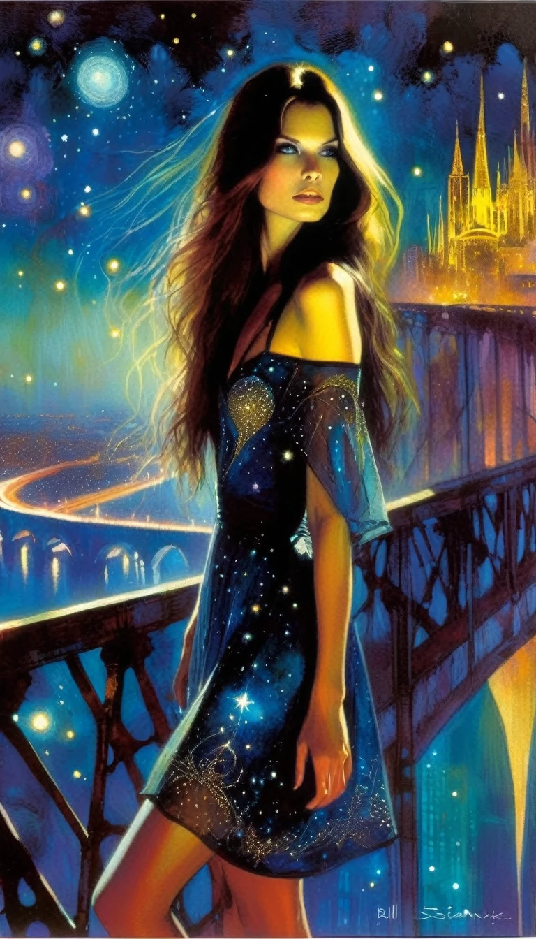 woman with long hair, sexy, with embroidered dress, magic, fantasy, night sky, stars, on a bridge overlooking the city (art inspired in Bill Sienkiewicz). oil painting)