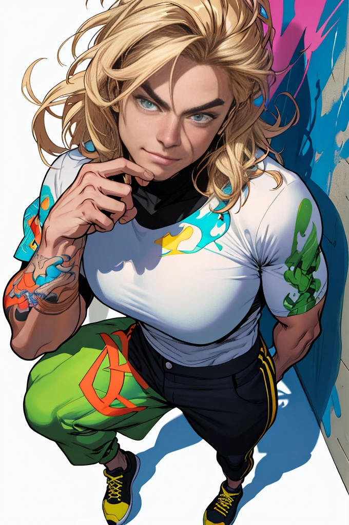 CRU photo, ::comix styled by marc silvestri:: beautiful woman ashley alexiss european perfect and detailed,   styled ::2.0 comix illustration styled,tatoon styled , ultra detailed model man, (beautiful and clear background:1.2),, fantastic paintings ,graffit styled, highly-detailed eyes , a white t-shirt or tattoo stamp , hair blonde, work of art, best qualityer, high qualiy, high resolution, detail enhancement, ((most beautiful image in the world)), work of art, best qualityer, high qualiy, high resolution, detail enhancement, ((most beautiful image )),With short, cabelo preto brilhante, wearing a large round neck t-shirt, wearing pants, five legs, like yellow sneakers, emphasizing the integrity of the human body, emphasis on the correct 5 fingers on each hand and the correct shadow, , Bright Picture, arte de stanley artgerm lau, arte de Kenneth Rocafort, genzoman art, art by joe madureira, arte por blushyspicy, arte de stjepan sejic, arte de j scott campbell, art by Guillem March, arte por citemer liu, 4K, high resolution, comic book, comic book character, comic, high qualiy
