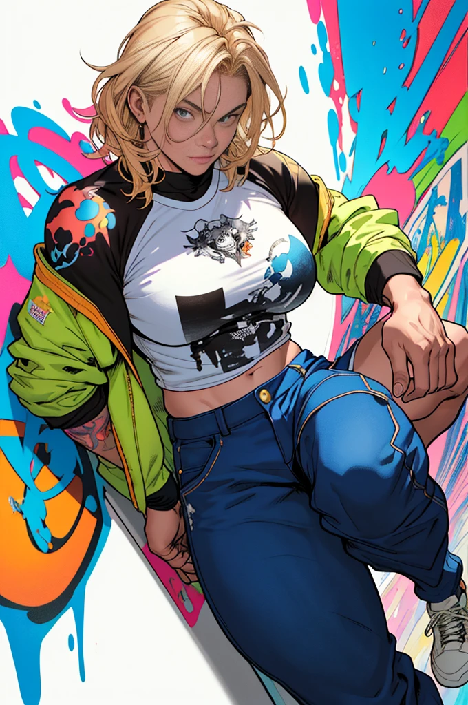 CRU photo, ::comix styled by marc silvestri:: beautiful woman ashley alexiss european perfect and detailed,   styled ::2.0 comix illustration styled,tatoon styled , ultra detailed model man, (beautiful and clear background:1.2),, fantastic paintings ,graffit styled, highly-detailed eyes , a white t-shirt or tattoo stamp , hair blonde, work of art, best qualityer, high qualiy, high resolution, detail enhancement, ((most beautiful image in the world)), work of art, best qualityer, high qualiy, high resolution, detail enhancement, ((most beautiful image )),With short, cabelo preto brilhante, wearing a large round neck t-shirt, wearing pants, five legs, like yellow sneakers, emphasizing the integrity of the human body, emphasis on the correct 5 fingers on each hand and the correct shadow, , Bright Picture, arte de stanley artgerm lau, arte de Kenneth Rocafort, genzoman art, art by joe madureira, arte por blushyspicy, arte de stjepan sejic, arte de j scott campbell, art by Guillem March, arte por citemer liu, 4K, high resolution, comic book, comic book character, comic, high qualiy