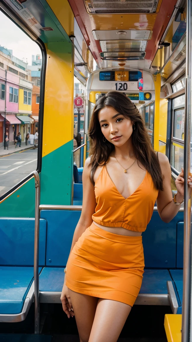 Create an artwork of a beautiful lady on a colorful, vibrant city bus. The bus interior is alive with various passengers, and she stands out with her captivating presence, making her a focal point of the scene