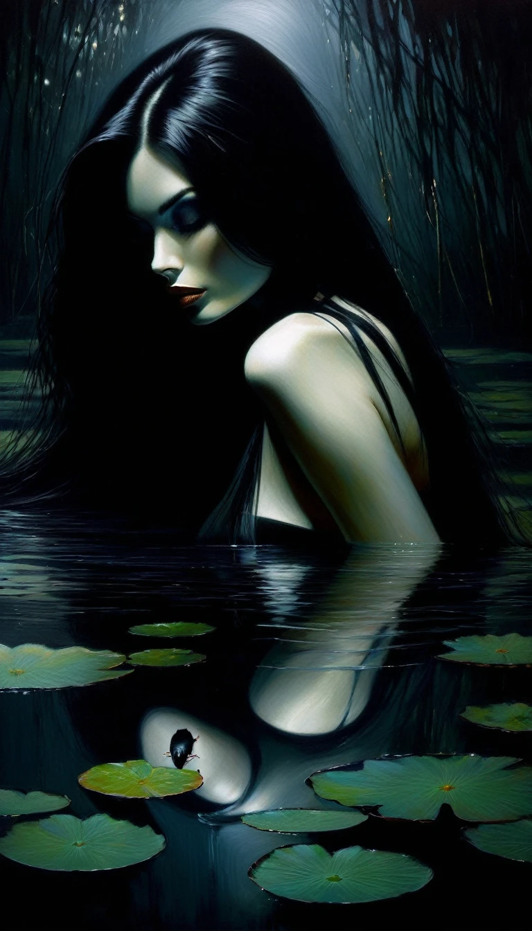 ((woman and her pet rat) long black hair, eroticism, sexy, black and white image, between shadows,in the water of a dark swamp with water lilies, oil painting, dramatic lighting, dramatic contrast, chiaroscuro, detailed face, sensual expression, elegant pose, female figure, mysterious, moody, cinematic, dark romantic, Bill Sienkiewicz inspired, dark atmosphere, powerful composition, dramatic shadows, high quality, photorealistic, masterpiece
