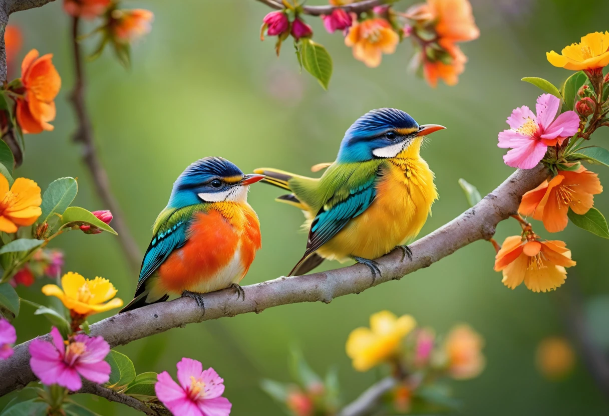 Two beautiful little colorful birds perched on a tree branch with flowers in the background, It's like we're having a conversation face to face.,Beautiful digital art, Colors with attention to detail, Highly detailed digital artwork, cgsociety, 3DCG,Highly detailed color low poly art, Highly detailed digital art, Vibrant and realistic colors, Beeple and Jeremiah Kettner, Colorful digital painting, Amazing digital illustrations, high quality digital painting,