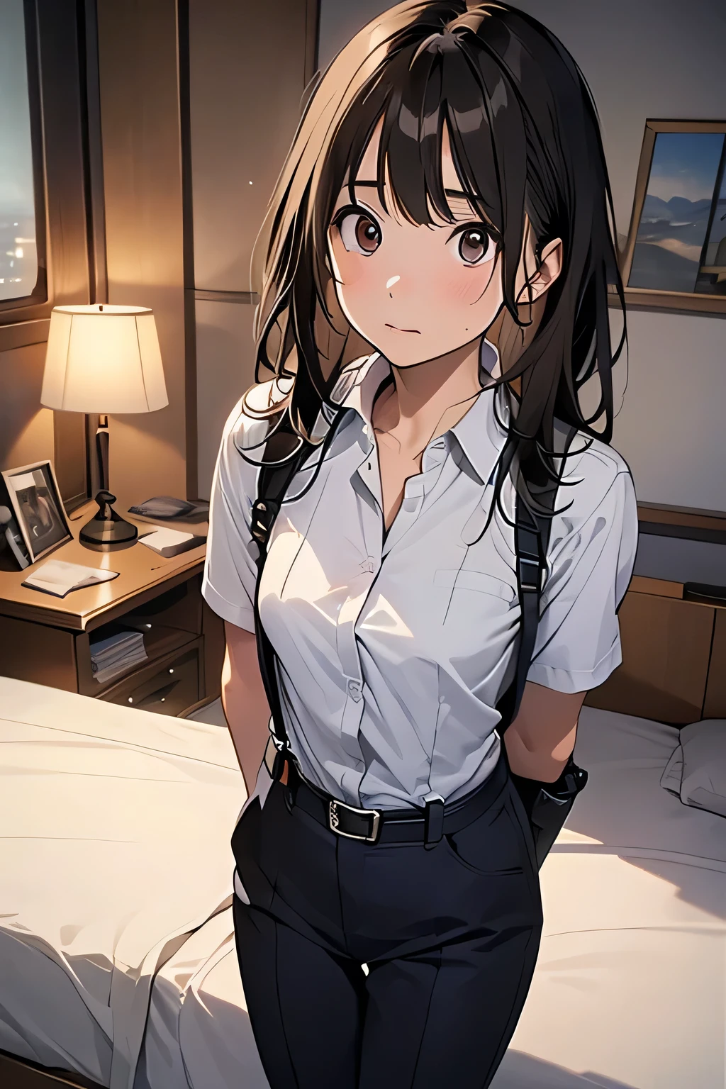 1 female, , high quality, masterpiece, Ultra-high resolution, , Cinema Lighting, , , And the suspenders with the cranes flying Moderate breasts Small face holster Lying in bed Looking up Sweat belt summer 脇Sweat Black Hole Gloves suit shirt Black jacket Black trousers Leg Links ズボンにbelt holster Hands behind your back Anxious expression Looking up Anxious face