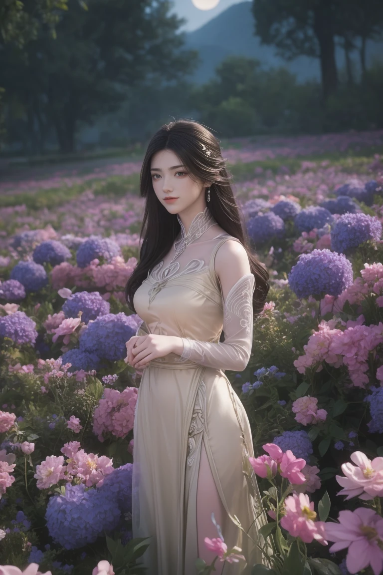 1girl, girl with long black hair, smiling, cheerful, girl is standing among a wide expanse of flowers,girl posing gracefully , surrounded by beautiful flowers, Calm and peaceful atmosphere, night, moonlight , Beautiful glowing butterflies surround the girl lighting up the darkness of the night, magic,Romantic, the night breeze blows the Sepoi Sepoi girl's hair, 