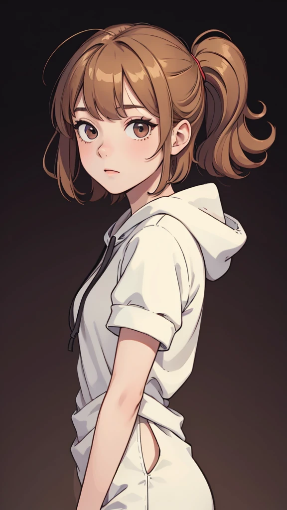 (((masterpiece, best quality, ultra highres, 1 girl, solo, no background))), super detailed skin and face and eyes and finger, beautiful japanese woman, small breasts:1.5, skinny, light brown hair, white background, very short curly pixie hair, (an illustration of girl), Knee shot, Generate with illustrations, Various expressions, Various poses, Please draw the entire character within the frame, ensuring that the head, arms, and legs are not cut off. The background should be simple, with the character positioned centrally, outline, anime, hoodie,