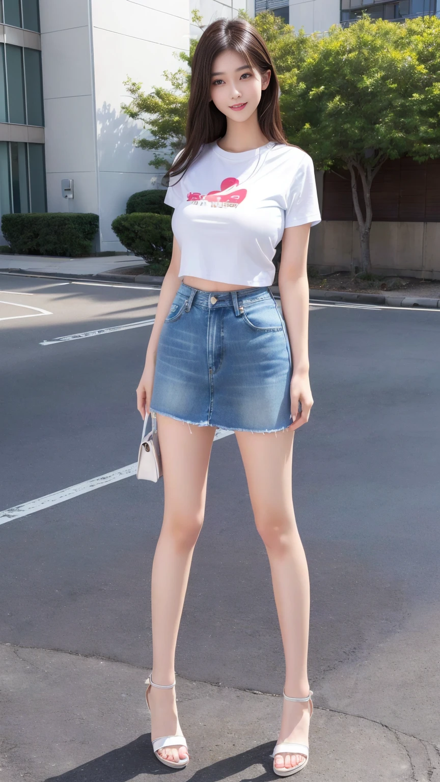 (Full body shot:1.3),Japanese, Female, Single, Shorts, Big Tits, Girl posing in Short Sleeves and tight denim skirt, People Watching, Realistic, Top Quality, High Resolution, Photo,slim figure, long legs, white sandals, slim girl model, beautiful 24 year old female model, white background, brown hair,Half Smile,cropped t-shirt