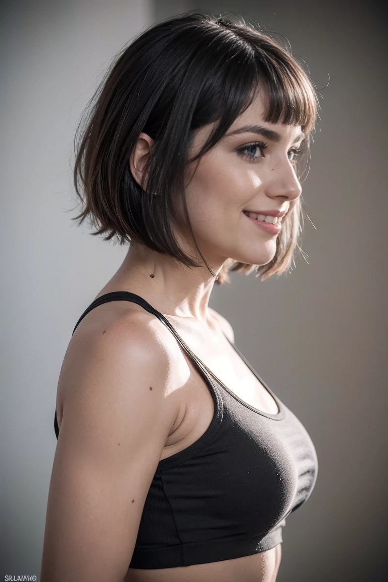 ((photorealistic, ultra high detailed)),24 years old female, short black hair, pretty makeup, plumpy lips, wearing crop top, polish,slavic face, close up, (profile picture, smiling)