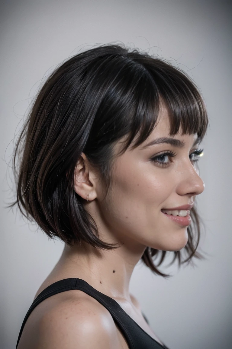 ((photorealistic, ultra high detailed)),24 years old female, short black hair, pretty makeup, plumpy lips, wearing crop top, polish,slavic face, close up, (profile picture, smiling)