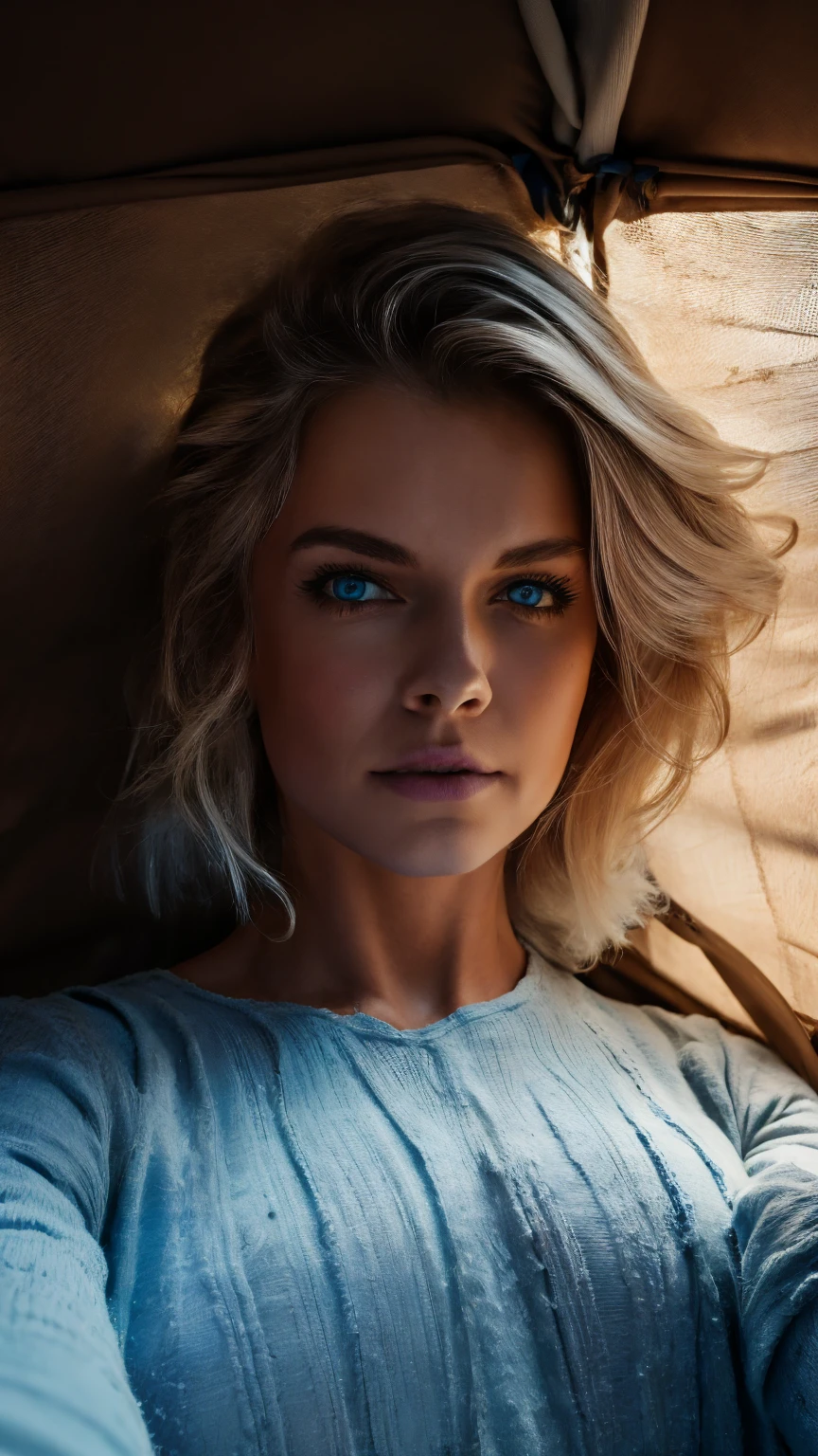 1 woman, Russian, beautiful, blue eyes, white silver hair,((upper body selfie, happy)), Filming in a tent, Beautiful backlight, Tent Open Sign,Masterpiece, Best Quality, Ultra-detailed, Solo, exteriors, (natta), Antarctica, Nature, (sao, the moon) cheerful, happy,, Cosy in a sleeping bag, Inside the tent, When you open the tent, You can see some nice horsemen outside.., woods, rock formations, rivers, wood, smoke, shadowy, contrast, clear skies, analog style (looking up at viewer:1.2) (skin texture) (film grain:1.3), (warm hue, warm tone:1.2), close-up, Cinematic light, Sidelighting, The ultra-Highres, best shadows, ..raw, upper half body, wearing pullover, Relaxed and intimate photos, white hairs,