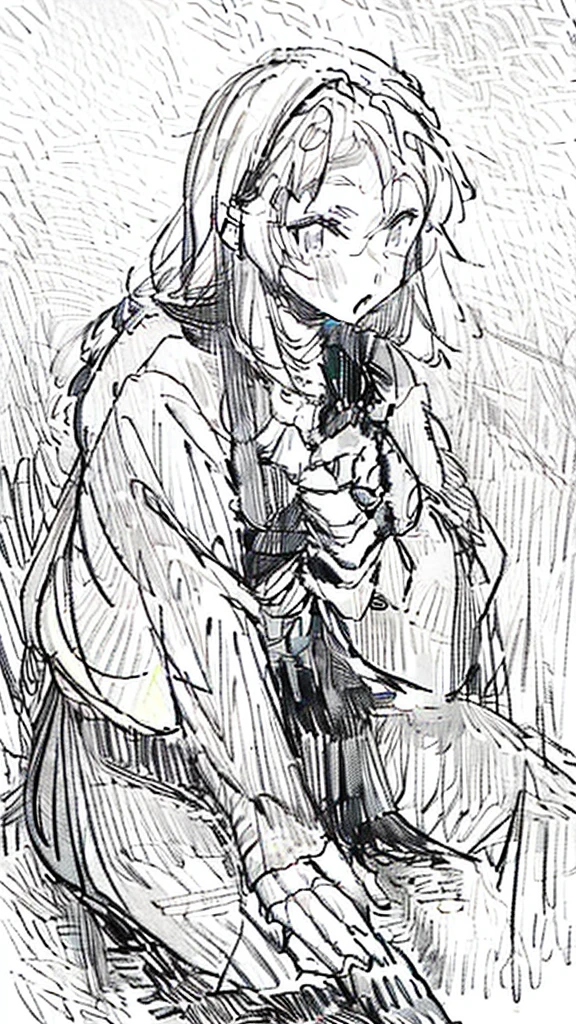A girl sitting on a park bench, black and white sketch.