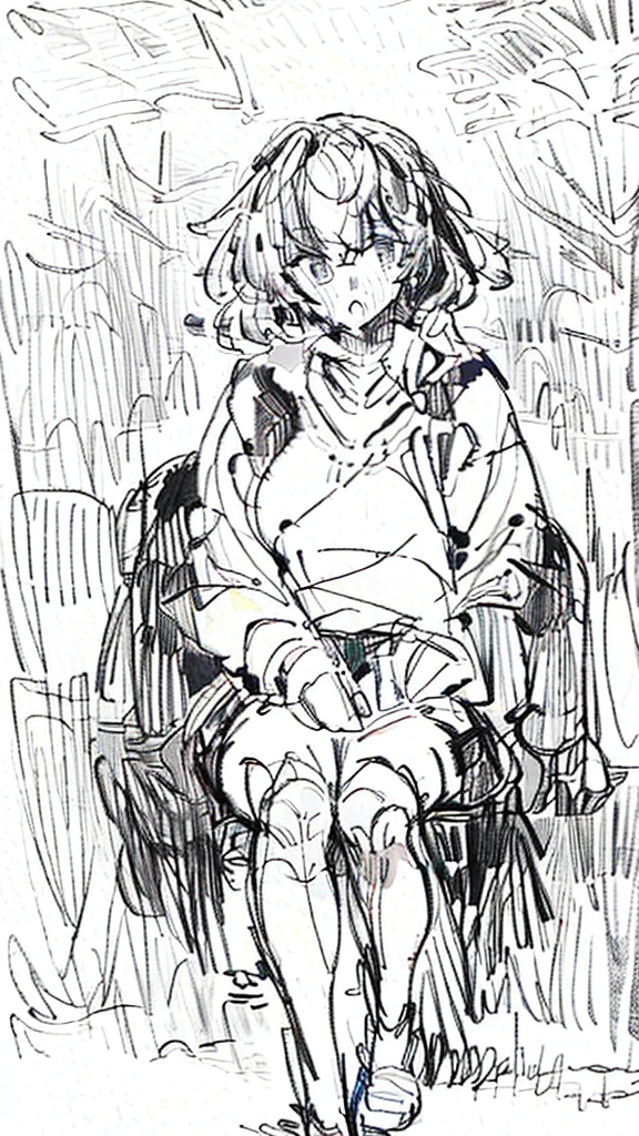 A girl sitting on a park bench, black and white sketch.