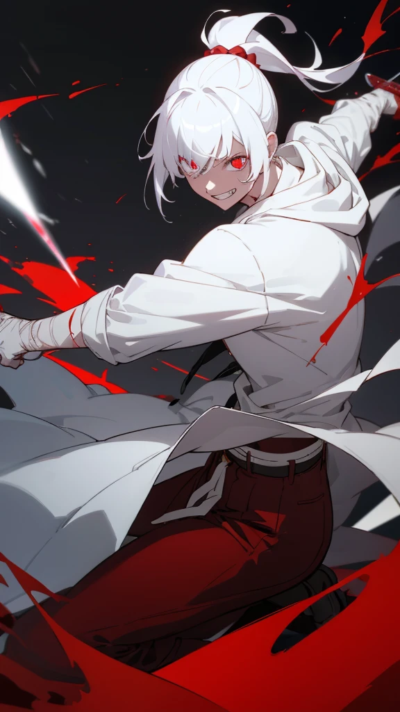 boy, white hair tied in a ponytail, reflective red glowing eyes, unleashing ice, holding a dagger, q shaped dagger, bloodied clothes, battle grin, modern clothing, hoodie, wounded,
