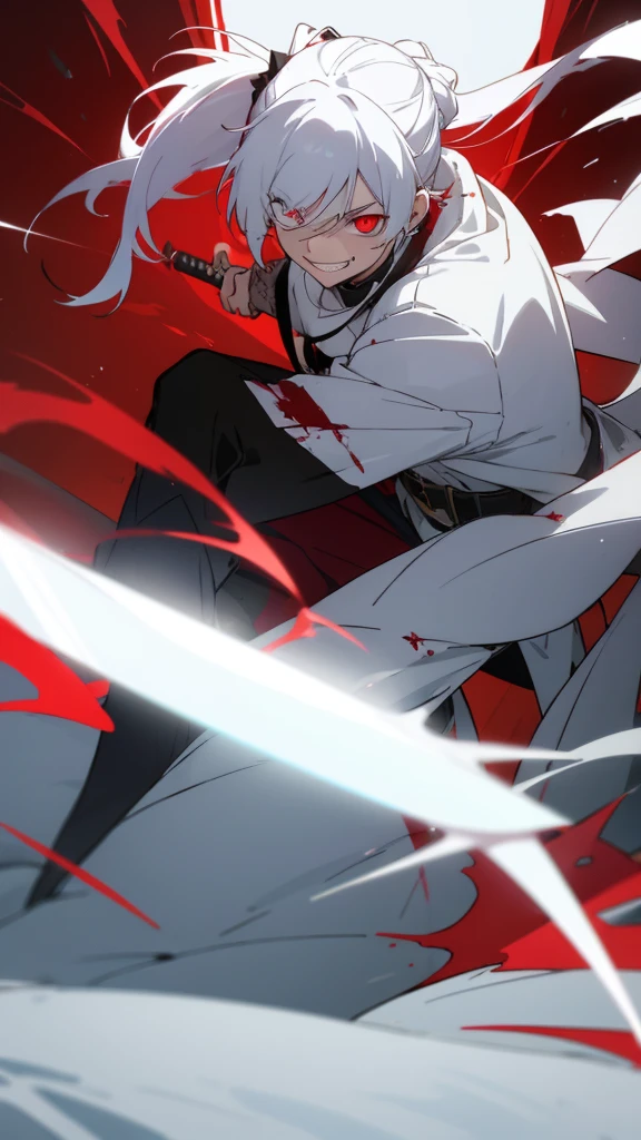 boy, white hair tied in a ponytail, reflective red glowing eyes, unleashing ice, holding a dagger, q shaped dagger, bloodied clothes, battle grin, modern clothing, hoodie, wounded, 