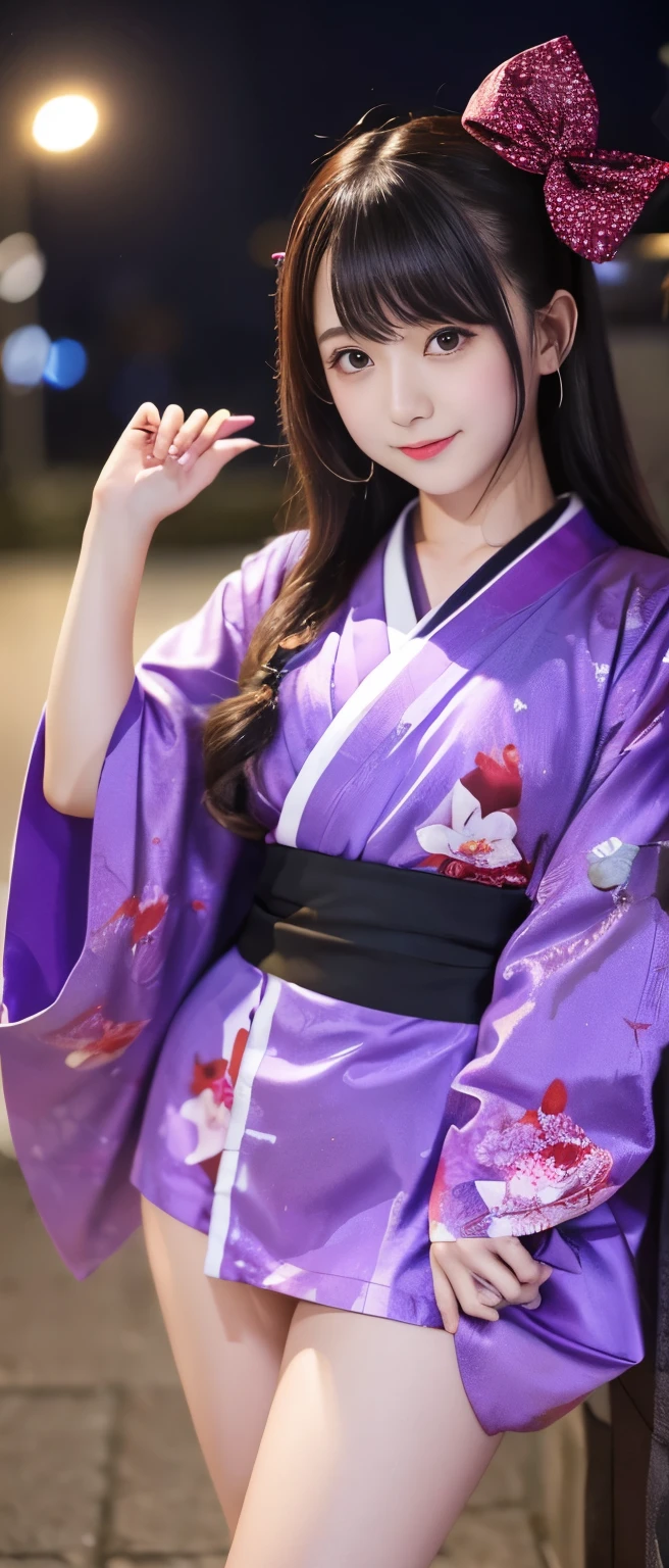 A cute and mysterious idol girl、whole body、Good style、、、、、、、、、、Thick legs、、Purple and red mini kimono（Splash Print）、Neat and clean idol face、、、Moonlit Night、Glowing