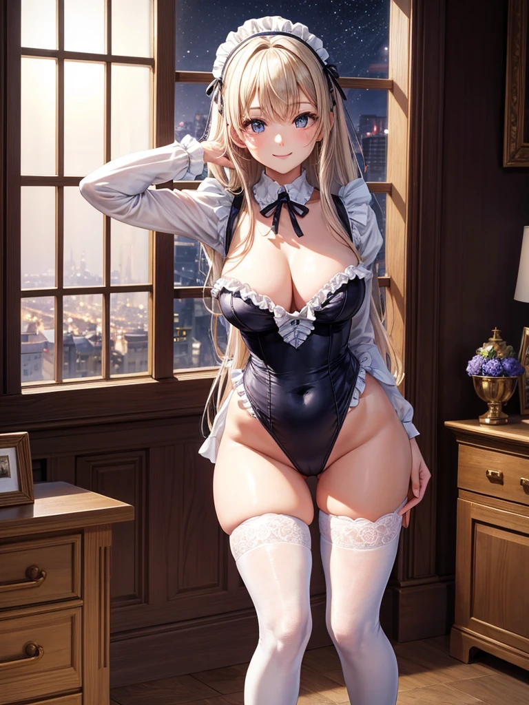 Highest quality,Highest Resolution,Smiling beautiful woman in maid leotard,Super High Leg,Knee-high stockings,Very beautiful eyes,Standing posture,Place your hands behind your head.,Bedroom,Night view outside the window,Frills,Ｔback,whole body,up,