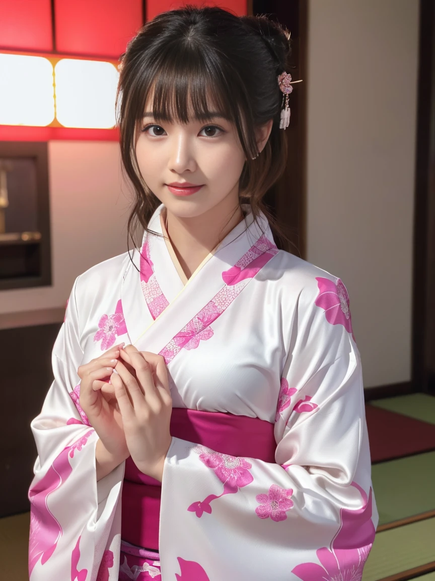 White kimono、Pink Japanese pattern、(Long-sleeved kimono:1.5)、or、(Top Grade)、1 female、16 years old、Big Breasts、Esbian all over、Black-haired、Tie your hair back、(Realistic:1.7)、((Best image quality))、Absurd、(Ultra-high resolution)、(Photoreal:1.6)、Photoreal、Octane Rendering、(超Realistic:1.2)、(Realistic face:1.2)、(8K)、(4K)、(masterpiece)、(Realistic skin texture)、(Awareness-raising、Cinema Lighting、wall-)、(Beautiful Eyes:1.2)、((((Perfect Face))))、(A cute face like an idol:1.2)、( Are standing)、shrine、The bird is ready、(January)、Cute face with attention to detail、True Beauty、Laughter、