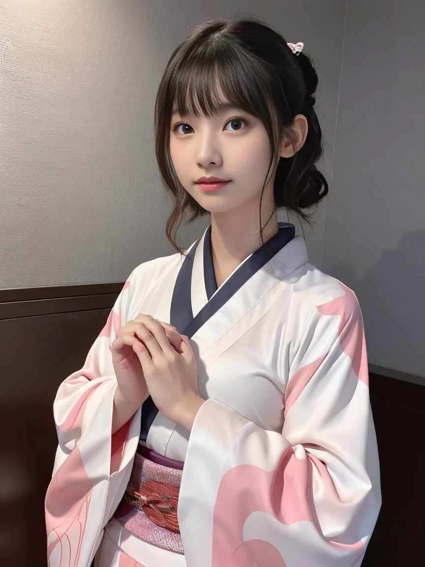 White kimono、Pink Japanese pattern、(Long-sleeved kimono:1.5)、or、(Top Grade)、1 female、、Big Breasts、Esbian all over、Black-haired、Tie your hair back、(Realistic:1.7)、((Best image quality))、Absurd、(Ultra-high resolution)、(Photoreal:1.6)、Photoreal、Octane Rendering、(超Realistic:1.2)、(Realistic face:1.2)、(8K)、(4K)、(masterpiece)、(Realistic skin texture)、(Awareness-raising、Cinema Lighting、wall-)、(Beautiful Eyes:1.2)、((((Perfect Face))))、(A cute face like an idol:1.2)、( Are standing)、shrine、The bird is ready、(January)、Cute face with attention to detail、True Beauty、Laughter、