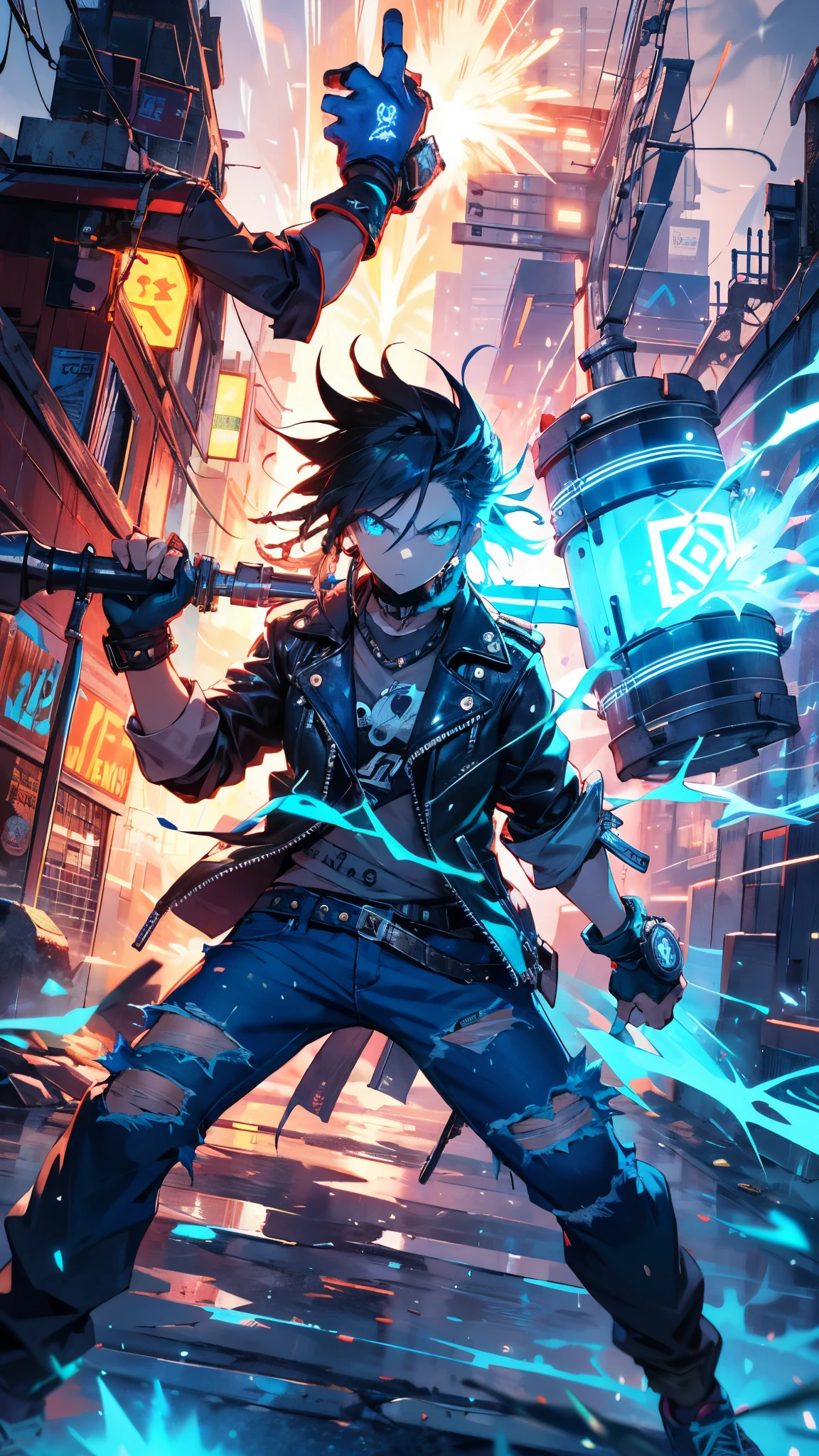 teenager with dreadlocks and a determined expression, dressed in a punk rock outfit with ripped jeans and a leather jacket, stands in a neon-lit alleyway. They clutch a massive warhammer in both hands, sparks flying as they unleash a crackling current of electric blue energy from their fingertips