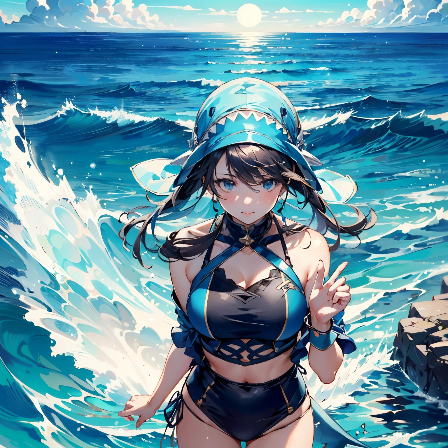 Fantasy,dream-like,Unrealistic,An illustration,((One Girl:1.5 AND A SHARK:1.0)),
Swimwear,Waving from the sea,smile,
A slightly higher perspective,
masterpiece,Highest quality,8K,High resolution,
Award-winning,Browsing Caution,
Cold tones,mysterious,Anxious,nervous,
Cinematic lighting,Natural lighting,
Physically Based Rendering,
Thin contours,