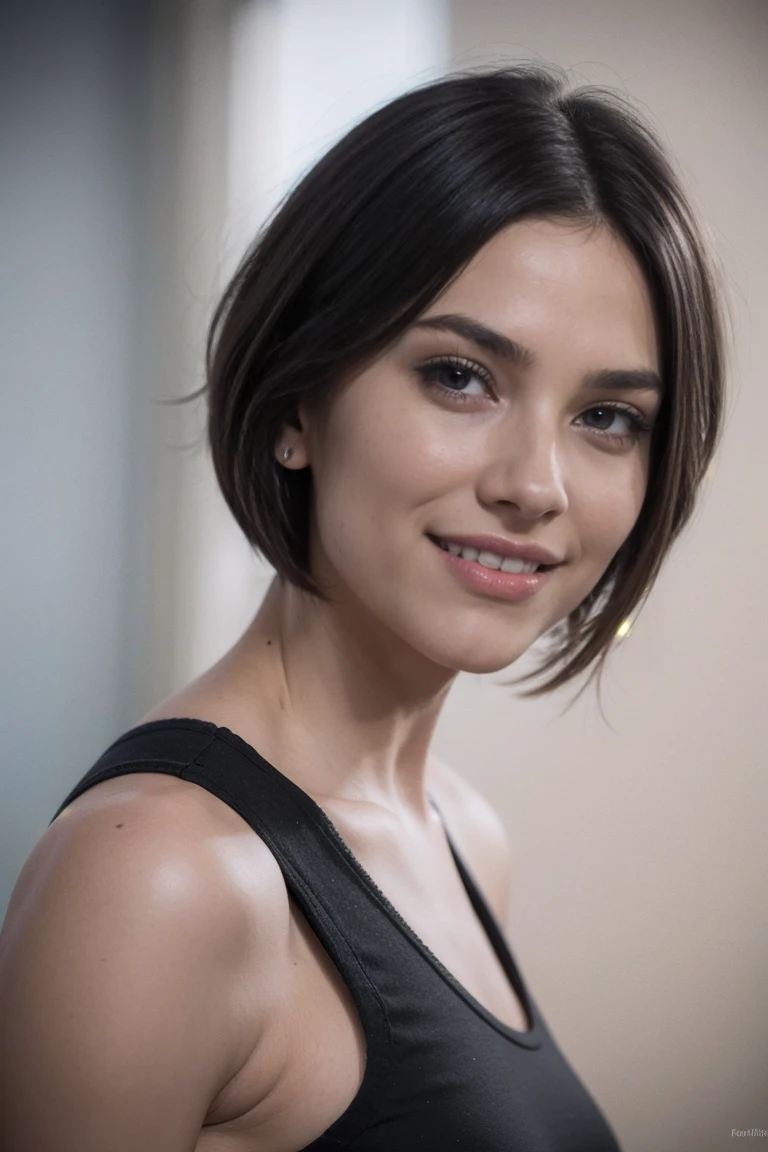 ((photorealistic, ultra high detailed,faceing viewer)),24 years old female, short black hair, pretty makeup, plumpy lips, wearing crop top, polish,slavic face, close up, (profile picture, smiling)
