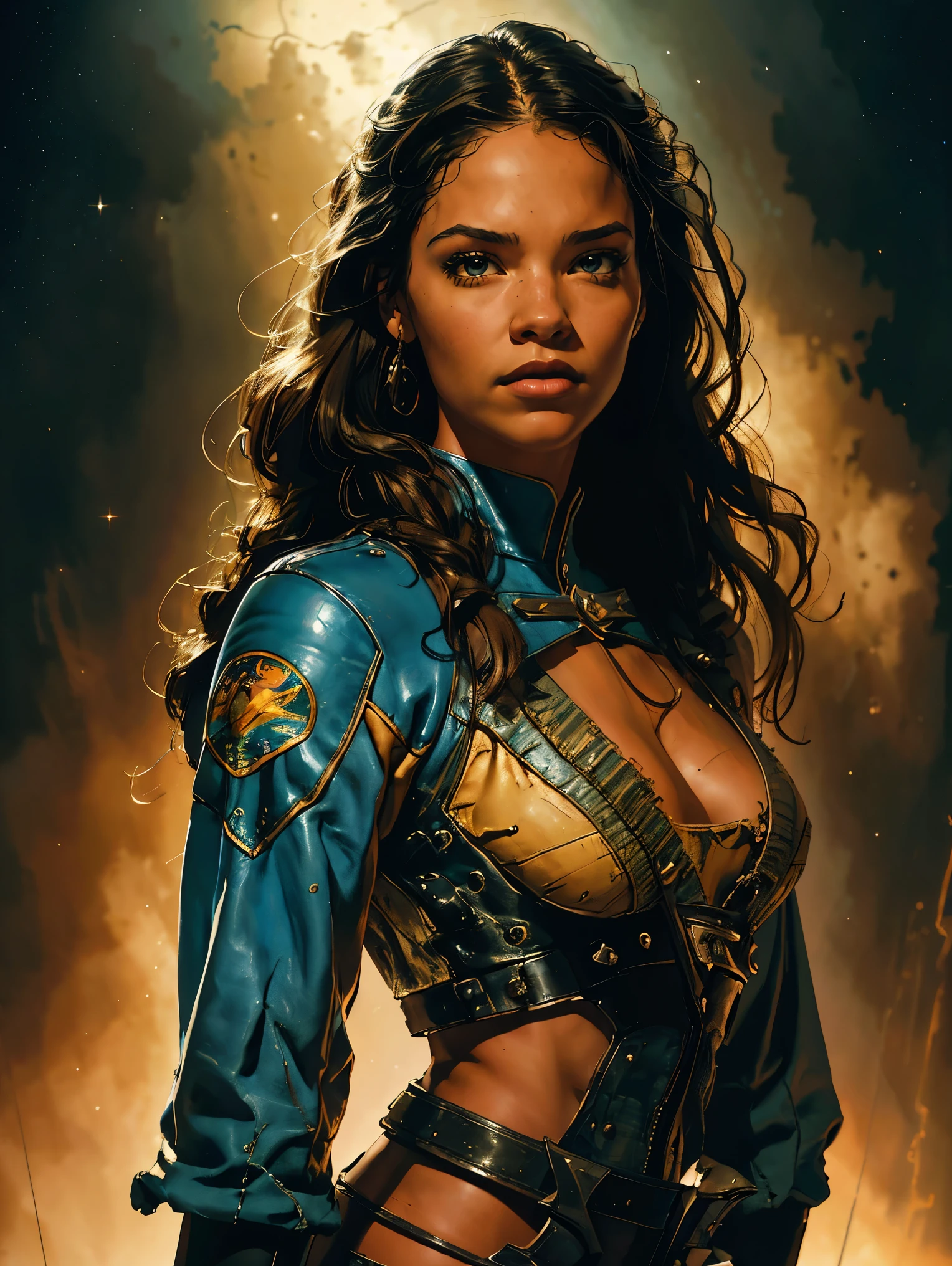 a young female space fighter pilot based on Jenna Ortega, sci-fi illustration, highly detailed cinematic fantasy portrait, black outlining, full color illustration, in the style of BORIS VALLEJO & JULIE BELL, masterpiece, 8k, ultra-detailed, physically-based rendering, vivid colors, dramatic lighting, intricate background, fantasy, photorealistic