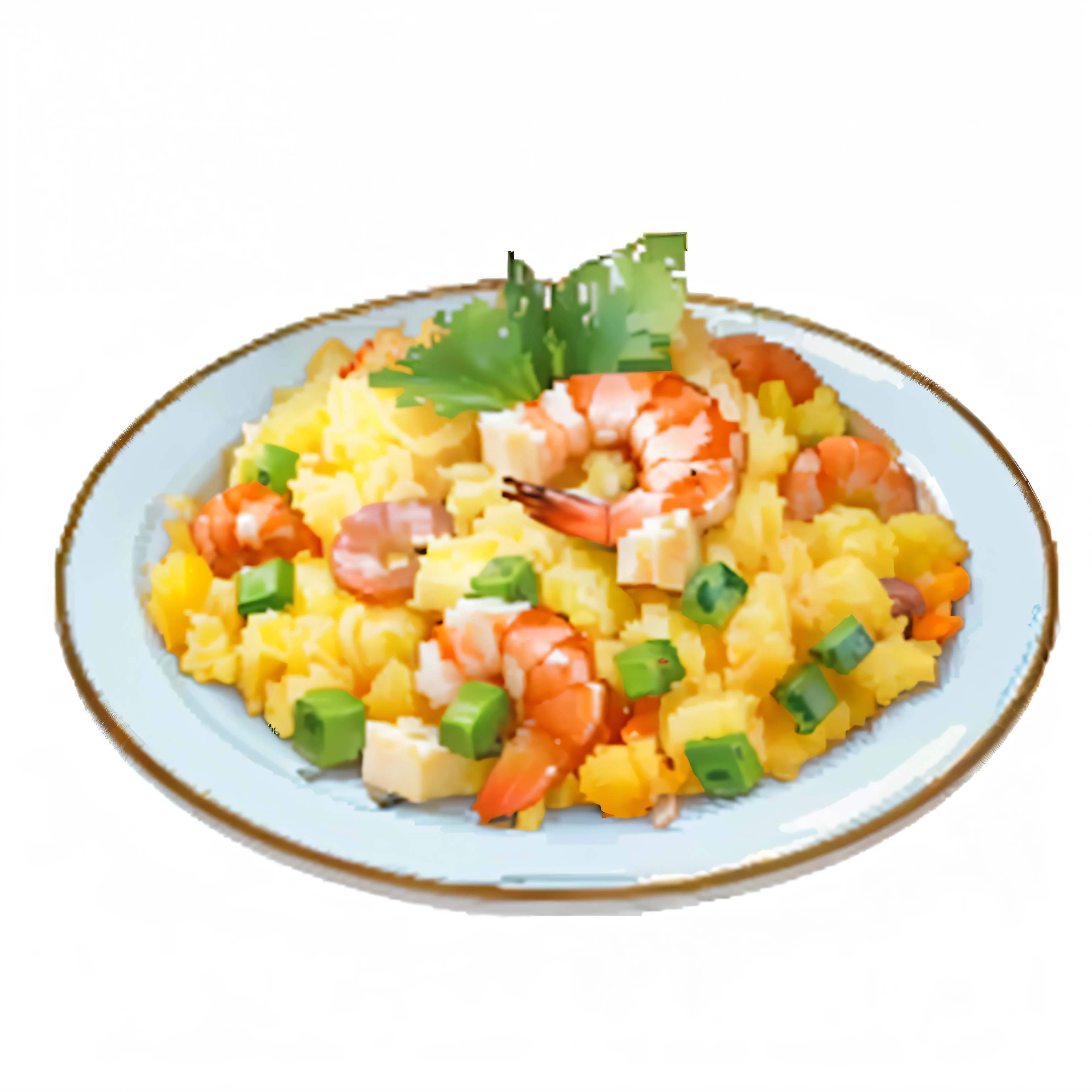 There is a plate of food,Top with shrimp and vegetables, Anime Food, delicious food, Fantasy food world, Fantasy food, 1 0 0 0 x 1 0 0 0 Pixel Art, cooking, gourmet cooking, Offer a plate of food, Chen Bo, inspired by Yanagawa Nobusada, Very tasty, Nine thousand, 9k, ready to eat