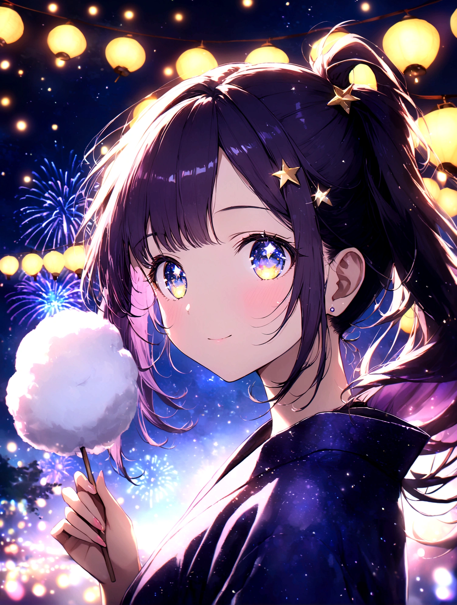 anime gile portrait,kawaii,fantastic style,one beautiful girl with starry eyes, upper body , 16-year-old girl, with deep purple hair, hair in a side ponytail decorated with star-shaped pins, golden amber eyes, wearing a traditional yukata in deep navy blue with gold star patterns, holding cotton candy, background of fireworks in the night sky, festival stalls adorned with lanterns, bustling star festival night, vibrant atmosphere with stall lights and starry fireworks , surrounded by stars,eyes sparkling like stars,best quality,ultra detailed,ultra high definition,high resolution,16k,ultra vibrant,natural light,starlight,soft light,Glowing Aura,the surroundings are shining,Mysterious, fantastic, super-detailed universe, stars twinkling and twinkling. Star Effects.light gradation watercolor , lens flare , glitter , glow , 