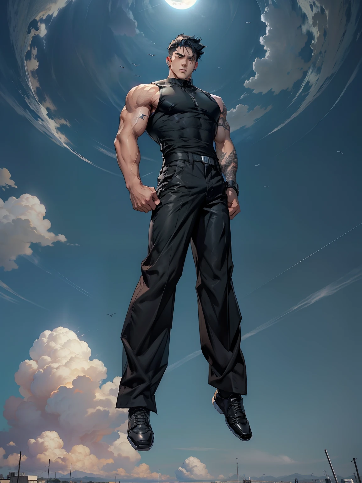 boys 26 Years old, Serious face, wearing black sleeveless shirt, black pants, black hair, levitate on sky, blue sky, cloud