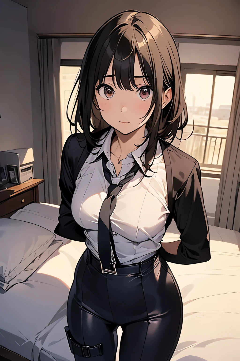 1 female, , high quality, masterpiece, Ultra-high resolution, , Cinema Lighting, , , And the suspenders with the cranes flying Moderate breasts Small face holster Lying in bed Looking up Sweat belt summer 脇Sweat Black Hole Gloves suit shirt Black jacket Black trousers Leg Links ズボンにbelt holster Hands behind your back Anxious expression Looking up Anxious face, legs apart