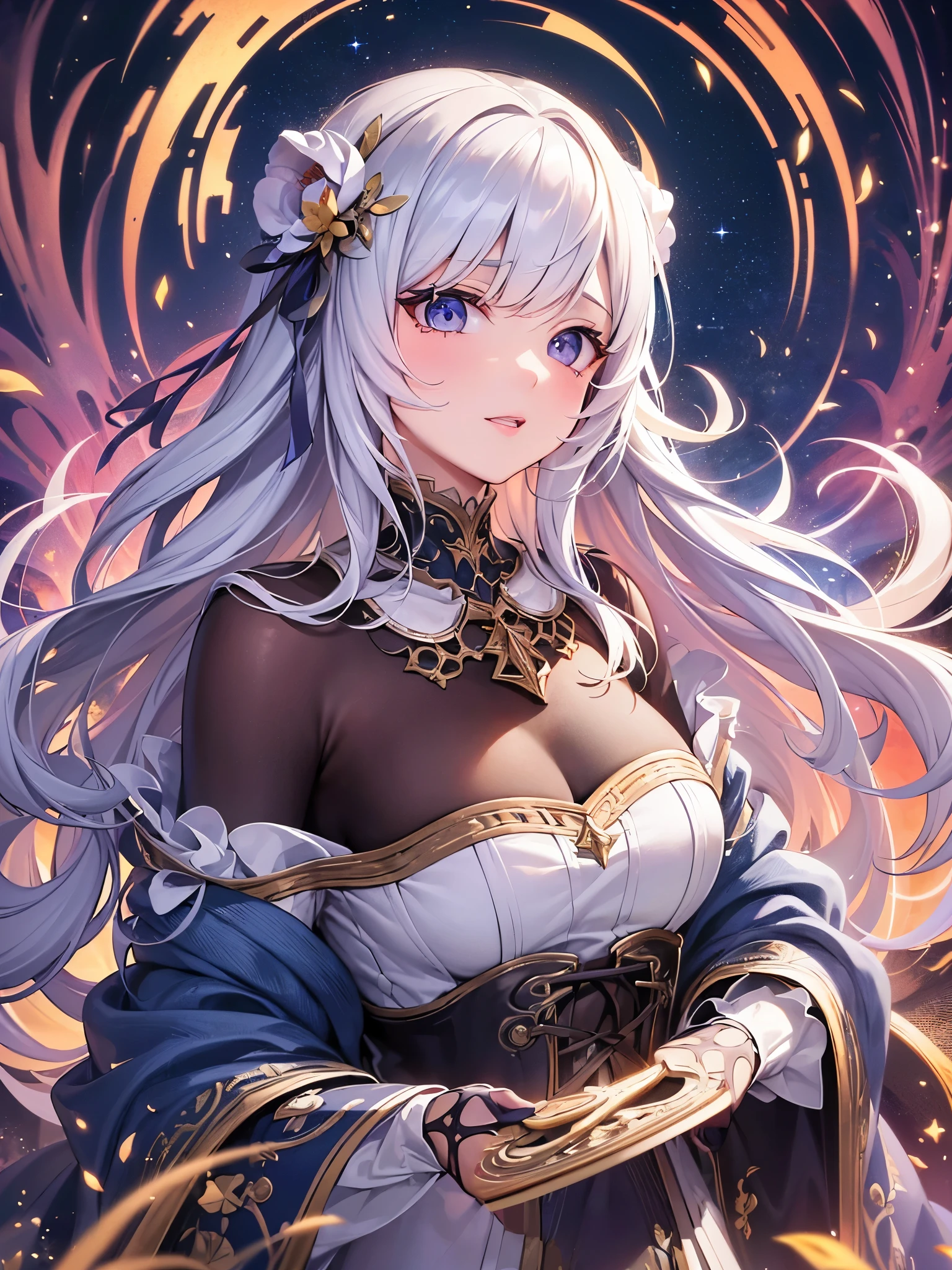 ((Highest quality)),(Ultra-high resolution),(Ultra-detailed new),(Detailed Description),((The best CG)),(masterpiece),Highly detailed art,A wonderful new art form,(Art with precise details:1.5), (One adult woman:1.1), Staring, Starry night sky, Twinkling stars in the night sky, flower