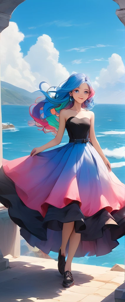 A stunning portrait of a 17-year-old girl with rainbow-coloured hair, a mix of blue and pink, under a brilliant sky on a sunny summer day、A breathtaking view unfolds。Half blue and half pink、A girl with colorful, flowing hair、Standing with a captivating smile。Long curls cascading down in golden waves、Frames bright sky blue eyes。Red and black repair dress 1.Wearing a voluminous 2-meter skirt、Captivate the audience with elegance。The dress was torn in many places、It is revealed
