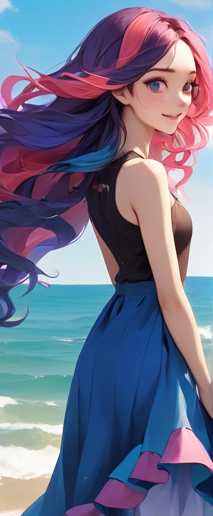 A stunning portrait of a 17-year-old girl with rainbow-coloured hair, a mix of blue and pink, under a brilliant sky on a sunny summer day、A breathtaking view unfolds。Half blue and half pink、A girl with colorful, flowing hair、Standing with a captivating smile。Long curls cascading down in golden waves、Frames bright sky blue eyes。Red and black repair dress 1.Wearing a voluminous 2-meter skirt、Captivate the audience with elegance。The dress was torn in many places、It is revealed