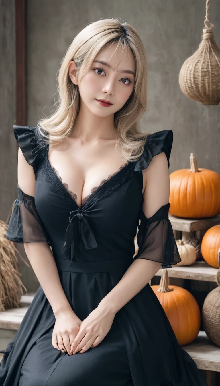 (((Very realistic)))、(((witch)))、Delicate and precise expression、(((35 歳のイギリスの美人witch)))、Fluffy blonde、(美人witch)、(((Very large)))、(((Big cleavage)))、(((とても深い森の奥に住む美人witch....)))、とてもセクシーな美人中年witch、