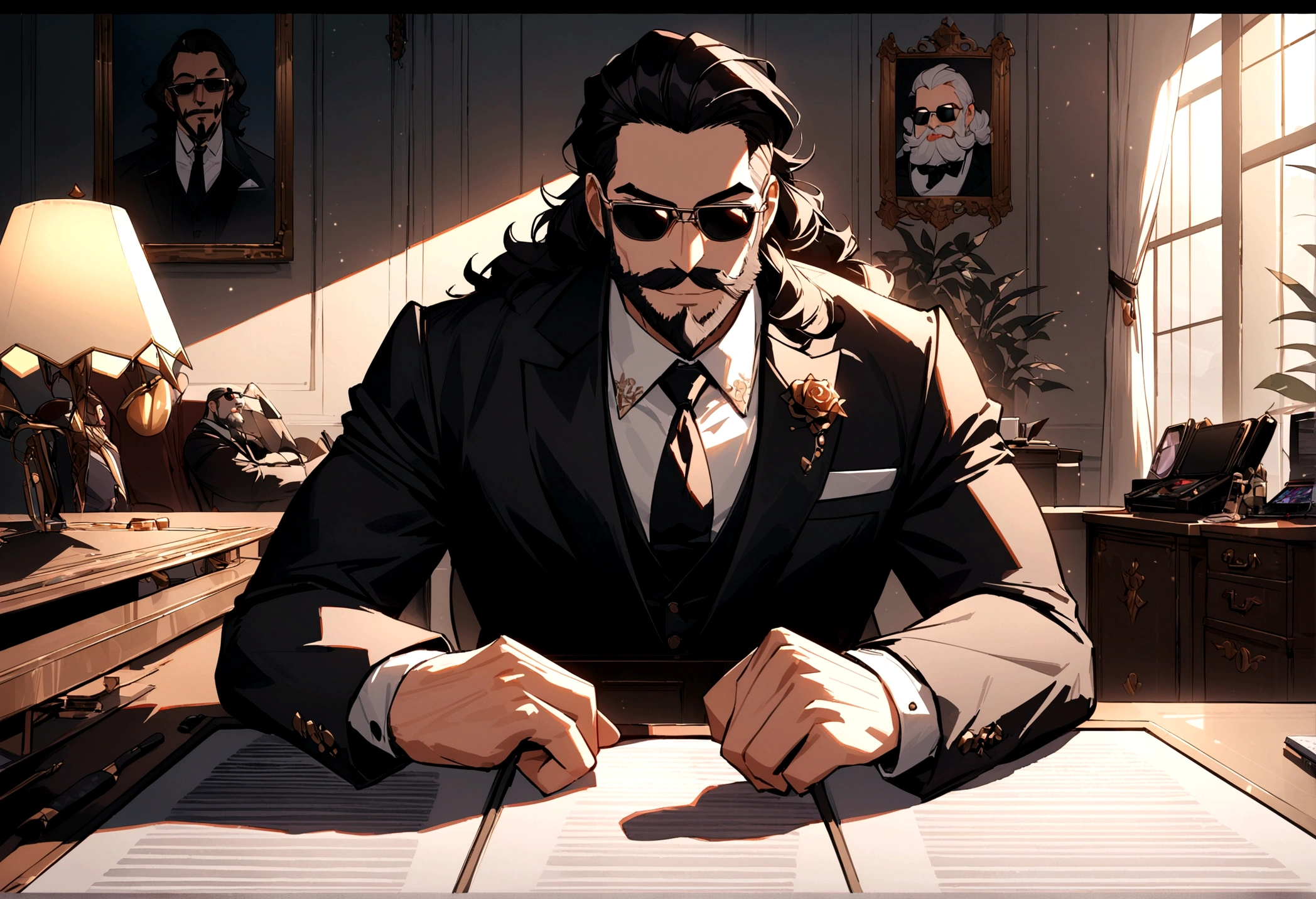 a man with a beard and sunglasses sitting at a desk, epic and classy portrait, jody highroller, epic game portrait, mogul khan, handsome man, bearded, gentleman, twitch streamer / gamer ludwig, rich with epic details, sitting behind a luxury desk, jody highroller, ,looking happy, mogul khan, businessman , american man, with big moustache and beard , dressed in a suit and sunglasses , youtuber , sitting behind a luxury desk , in a bright living room , youtuber ambiance, influencer , ultra detail, high resolution, ultra detailed, best quality, amazing, top quality, extremely detailed CG unity 8k wallpaper, cinematic lighting,
