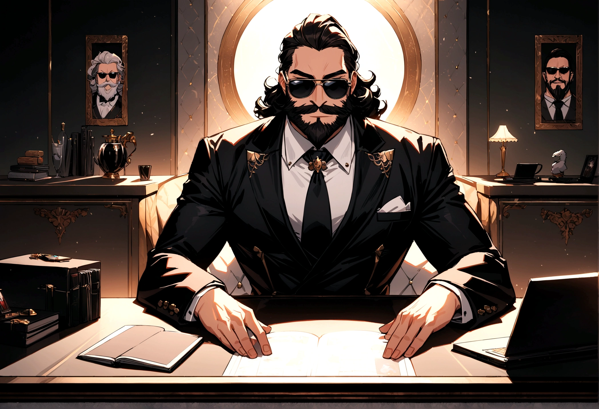 a man with a beard and sunglasses sitting at a desk, epic and classy portrait, jody highroller, epic game portrait, mogul khan, handsome man, bearded, gentleman, twitch streamer / gamer ludwig, rich with epic details, sitting behind a luxury desk, jody highroller, ,looking happy, mogul khan, businessman , american man, with big moustache and beard , dressed in a suit and sunglasses , youtuber , sitting behind a luxury desk , in a bright living room , youtuber ambiance, influencer , ultra detail, high resolution, ultra detailed, best quality, amazing, top quality, extremely detailed CG unity 8k wallpaper, cinematic lighting,
