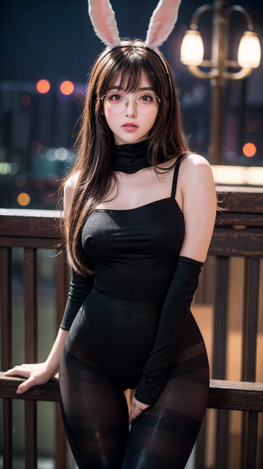 (best quality, masterpiece), Depth of Field, Blurred background, cowboy_shooting, Thick thighs, permanent, Solitary, 1 Girl, Orange long hair, (Ahog:0.9), Glasses, Bangs, Purple Eyes, (Full face blush), ((Bunny Girl, Pantyhose, Bunny ears, High Legs, High Legs Tights, black Tights, Tights)), bar, night club, night,