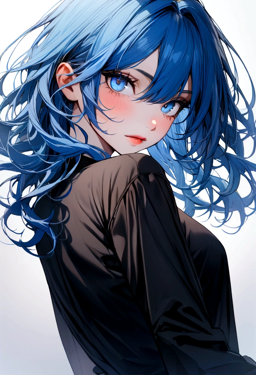 (Highest quality)(1 woman,single,long blue hair,blue eyes ,black shirt,Turn to look at the viewer,) look behind