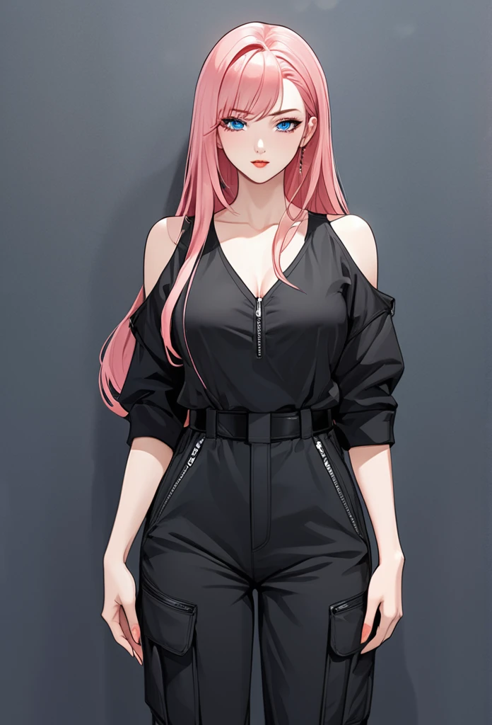 a pretty woman, she has long pink hair, and her eyes are blue, She wore a black short v-neck jumpsuit, She also wore a black cargo pant. She's a beautiful agent. Manhwa style.