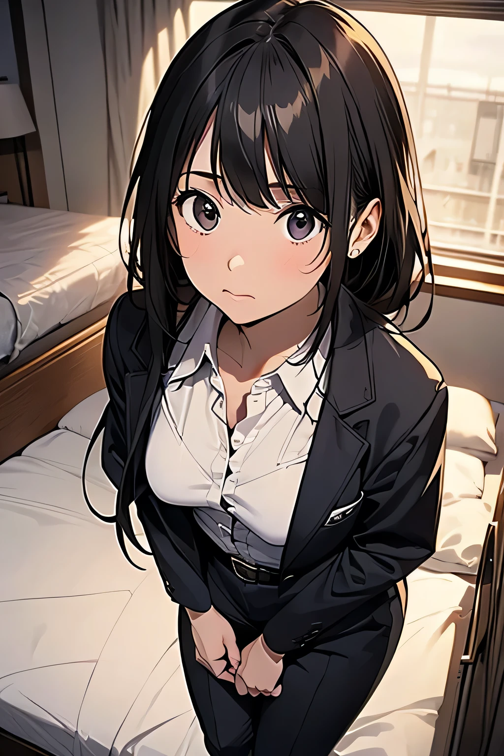 1 female, , high quality, masterpiece, Ultra-high resolution, , Cinema Lighting, , , And the suspenders with the cranes flying　　　Moderate breasts　 　 　　　　Small face　 　　　holster　　　　　　　 Lying in bed　Looking up　　　　Sweat 　　　belt　summer　脇Sweat 　Black Hole Gloves　suit　shirt　　Black jacket　 Black trousers　Leg Links　ズボンにbelt　　holster　 　　Hands behind your back　 Anxious expression　Looking up　Anxious face 