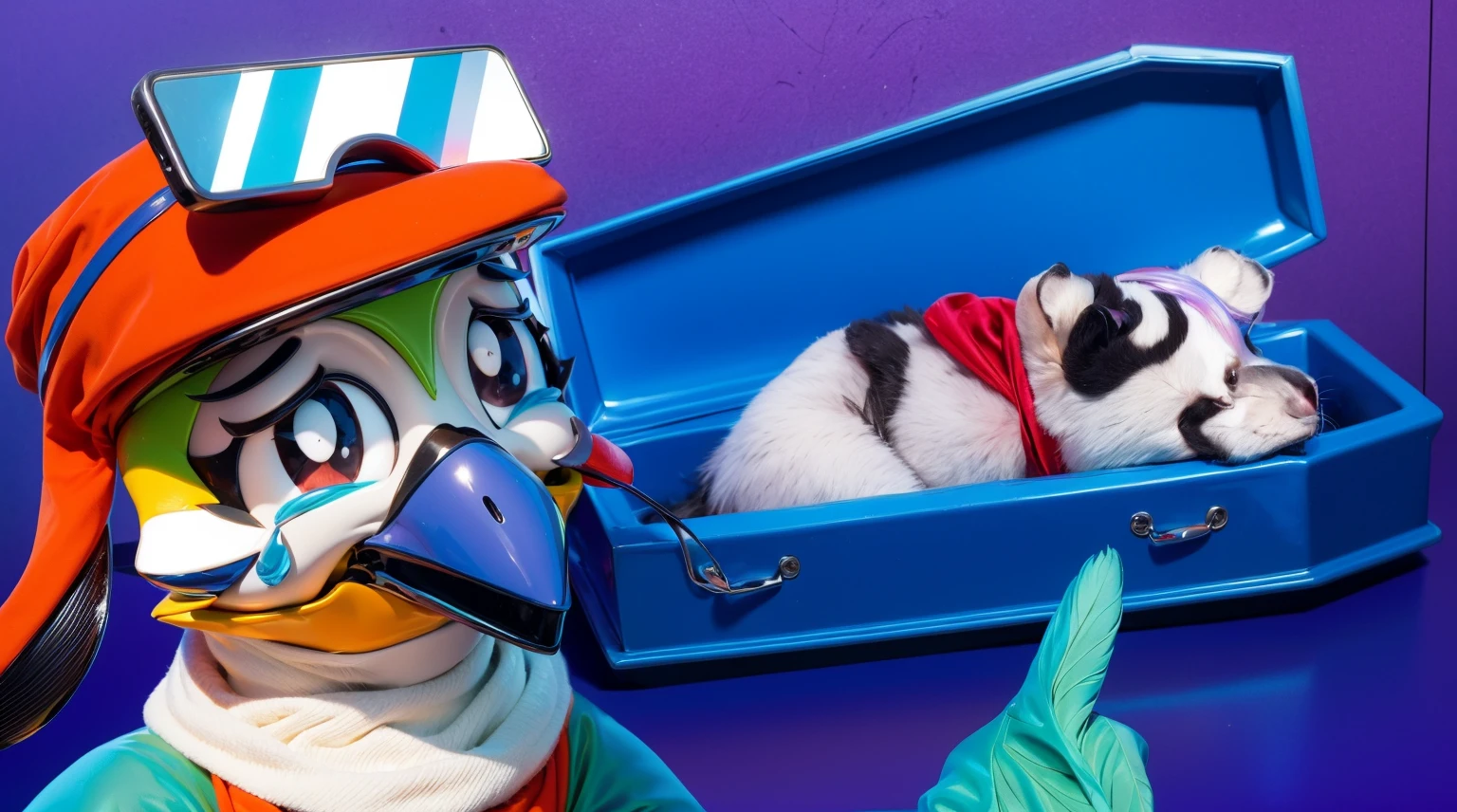 This image features a muscular, dark-skinned young man of African descent dressed in a vibrant raccoon costume. He is lying down with his eyes closed, showcasing his beautiful dark skin. His costume includes a glossy, latex-like purple outfit that appears wet and shimmers with iridescent colors, adding a striking, polished look to his appearance. He also wears a red scarf, a purple beanie hat with gray ears, and black face paint around his eyes and nose to mimic a raccoon mask. Black fingerless gloves complete his costume.Additionally, there is a pair of legs wearing bright yellow high-heeled shoes with white ankle socks. The glossy, latex-like finish of the shoes matches the wet and shimmering quality of the young man's outfit, creating a cohesive and visually appealing contrast. The yellow shoes stand on his back, further highlighting the shiny, iridescent textures and vibrant colors in the image.