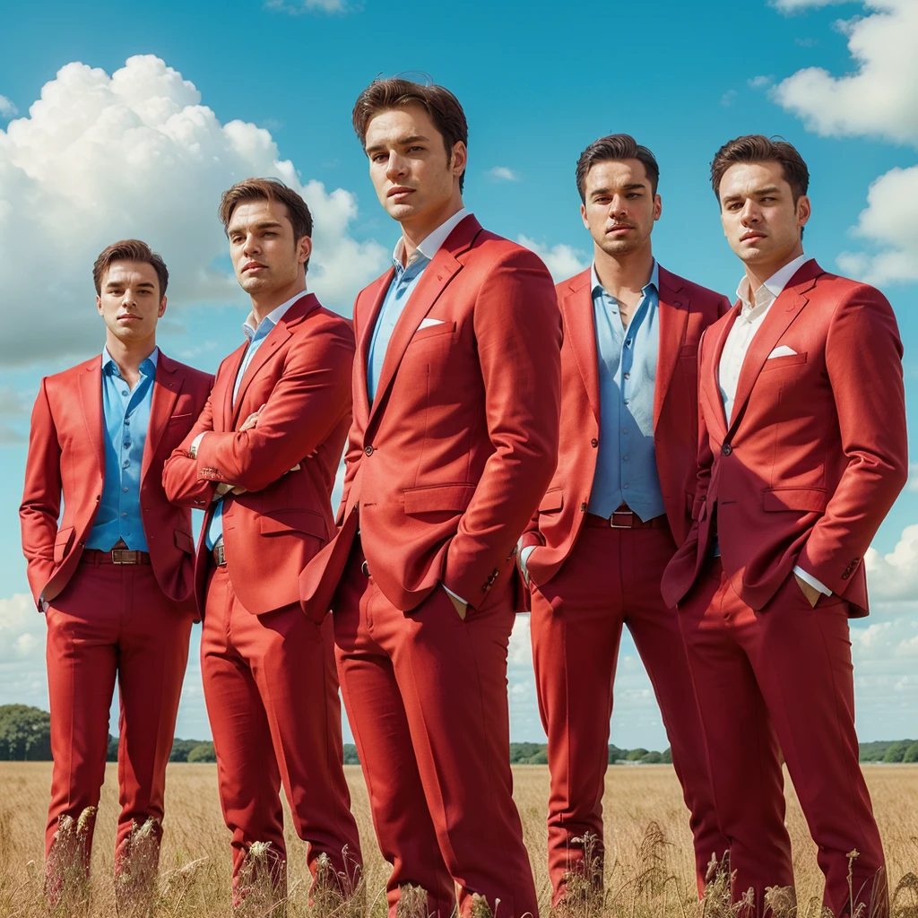 real potrait, full body, five men wearing red suits, standing side by side, the background of an open field, Blue sky, charming bright colors