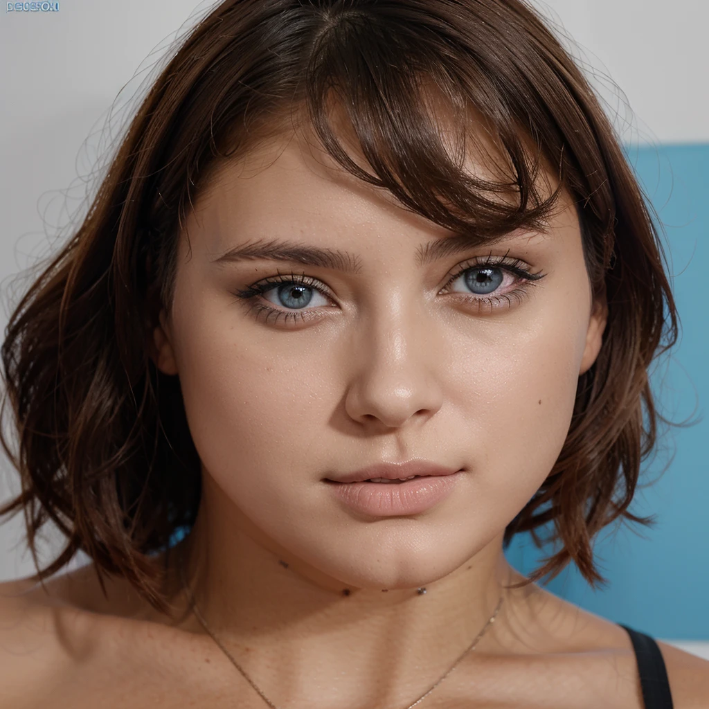 un photo d’une femme brune au yeux bleu qui pourrait etre utilisée pour un mym ou un onlyfan, cette femme doit avoir des belles formes