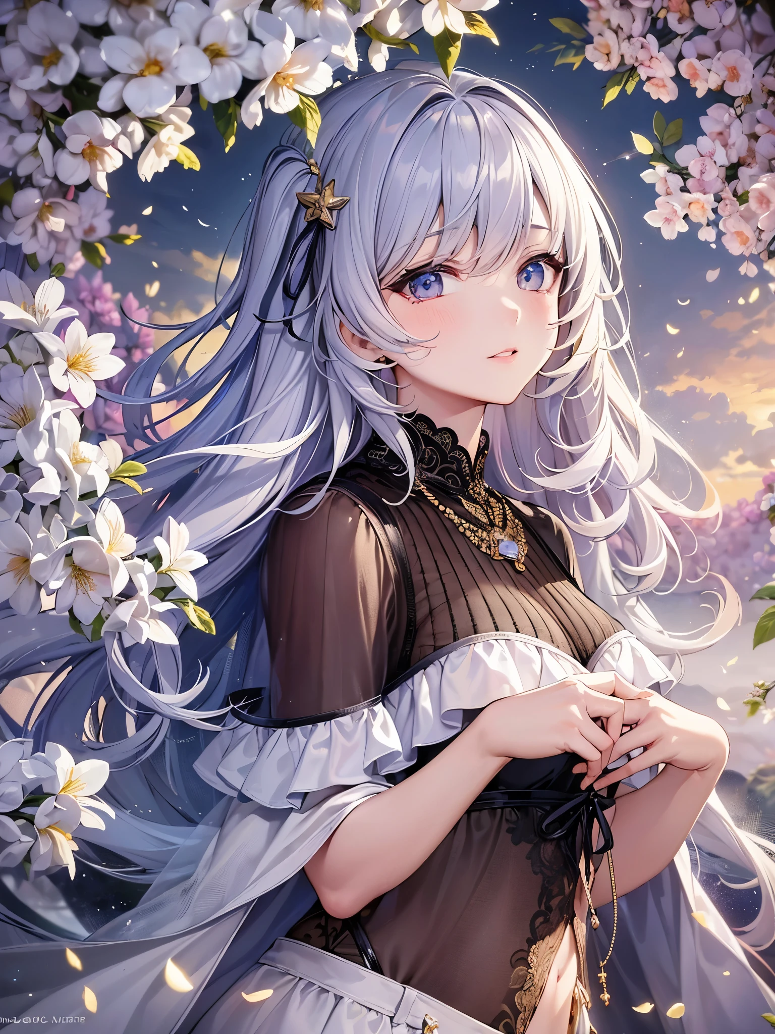 ((Highest quality)),(Ultra-high resolution),(Ultra-detailed new),(Detailed Description),((The best CG)),(masterpiece),Highly detailed art,A wonderful new art form,(Art with precise details:1.5), (One adult woman:1.1), Staring, Starry night sky, Twinkling stars in the night sky, flower