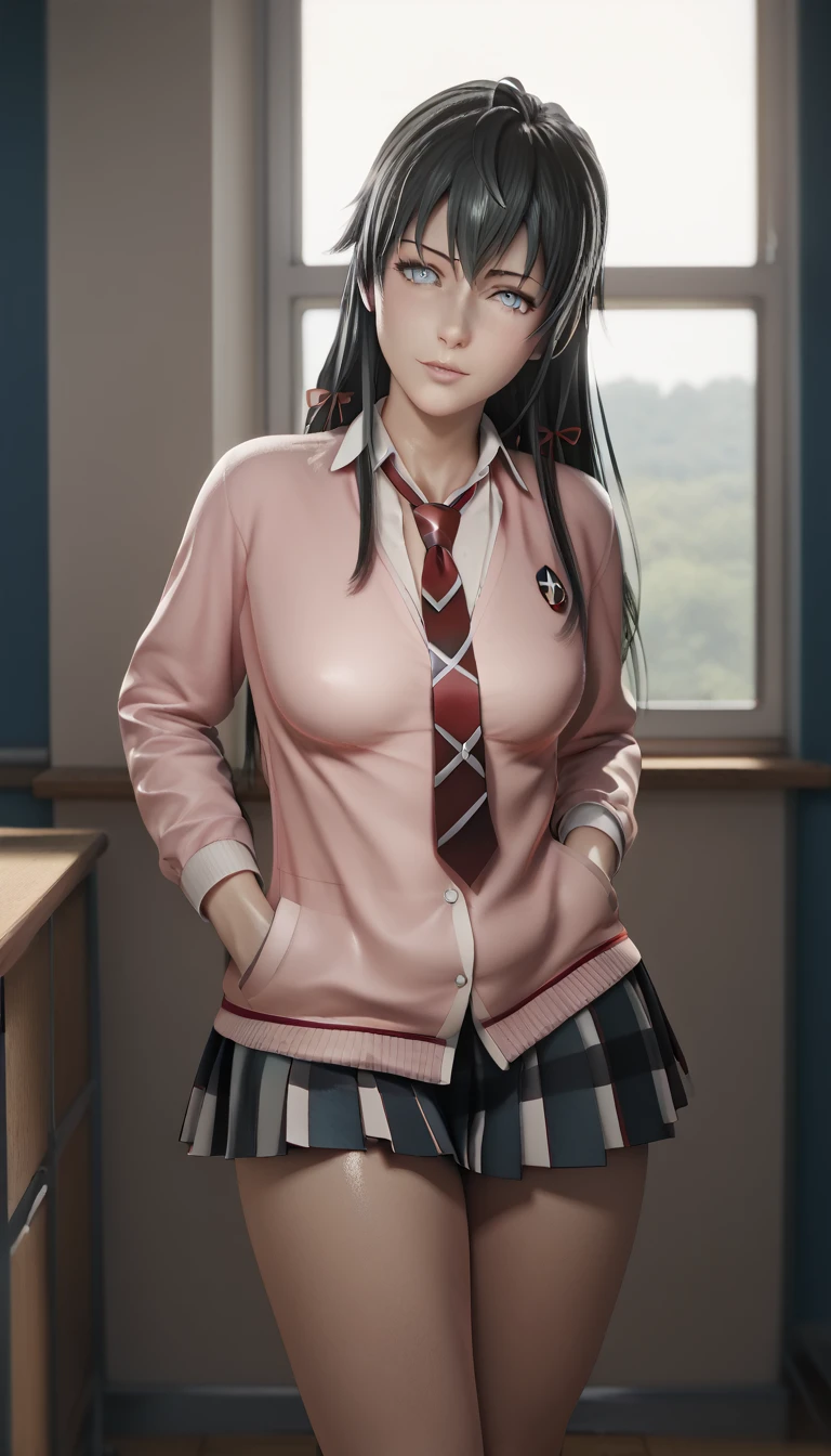 score_9, score_8_up, score_7_up, score_6_up, uncensored, yukinoshita yukino, black hair, long hair, grey eyes, BREAK (masterpiece:1.2), best quality, high resolution, (detailed eyes:1.3), perfect lighting, (perfect hands, perfect anatomy), head tilt, long hair, shiny skin, small breasts, miniskirt, pleated skirt, skin tight, zettai ryouiki, classroom, spotlight, bokeh, hands on pocket, necktie, mature female, tall girl,