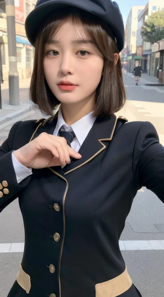 ((Best Quality, 8K, Masterpiece: 1.3)), (Uniform: 1.5), (Newsboy Hat: 1.3), Focus: 1.2, Perfect Body Beauty: 1.4, Buttocks: 1.2, (Layered Haircut: 1.2)), , (Street: 1.3), Highly detailed face and skin texture, Full body, delicate eyes, Double eyelids, whitening skin, long hair, (round face: 1.5),