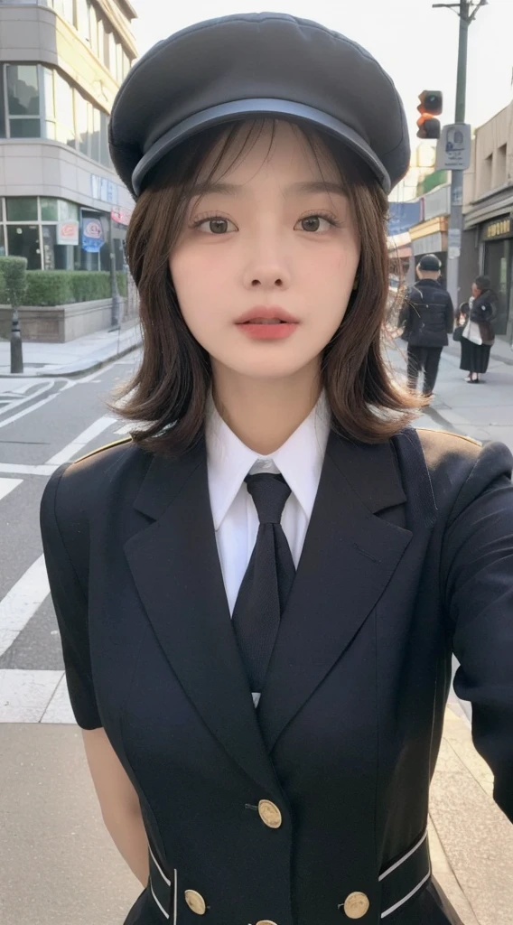 ((Best Quality, 8K, Masterpiece: 1.3)), (Uniform: 1.5), (Newsboy Hat: 1.3), Focus: 1.2, Perfect Body Beauty: 1.4, Buttocks: 1.2, (Layered Haircut: 1.2)), , (Street: 1.3), Highly detailed face and skin texture, Full body, delicate eyes, Double eyelids, whitening skin, long hair, (round face: 1.5),
