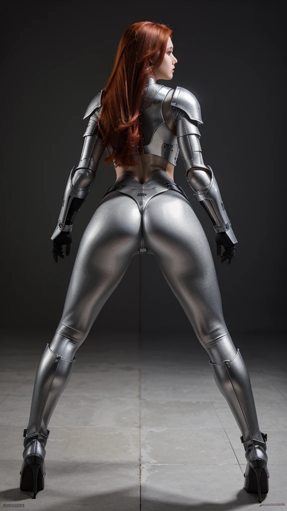 masterpiece, best quality, high resolution, full body, red hair, cyber metal armor, elegant, paladin, metal gloves, looking into background, heels, grey background, backshot, from behind, , metal boots