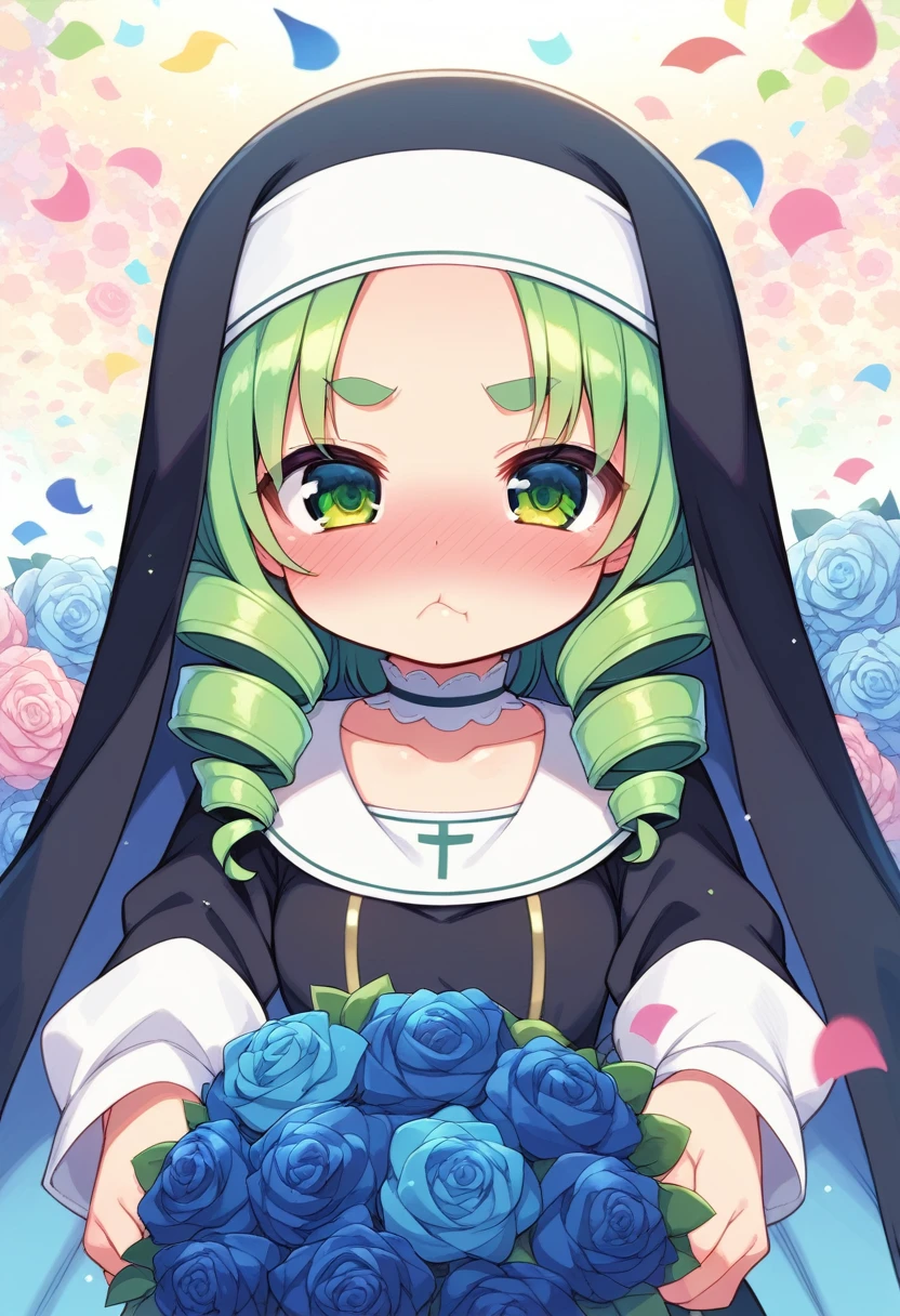 score_9, ,score_7_up, score_6_up, 1girl, source_cartoon, source_anime,breathtalking Scenery,watercolor,smooth soft skin, natural skin,mjm
BREAK
(loli:1.4),(little female child:1.4), small breast,cute face, (loli toddler:1.1), 6 yo,kawaii, (highlight on eyes), (jiggly:0.8), shiny skin,beautiful eyes, detailed eyes, puffy eyes,
BREAK
(medium green hair:1.3),(green maro eyebrows:1.6),pouty and slightly grumpy,(pout:1.2), ::(, (jitome),(frown:0.6),drill hair, green eyes, full_face blush,
BREAK
(zigzag pattern nun dress), (pastel veil:1.2),choker,nun,excessive detailed collarbone,
flowerbackground,flowergarden,blue rose bouquet, (digits behind blue rose bouquet:1.2), (hands behind colorful rose bouquet:1.3),heart falling petals,
(holding bouquet:1.1), celebration, Congratulations,confetti, bloom effect,dynamicangle,pastelcolor,upturned eyes,heart ribbon
