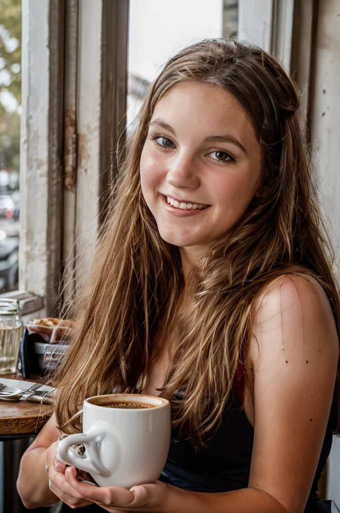 full color portrait of a young woman, having coffee at a vintage cafe, smile, natural light, RAW photo, subject, 8k uhd, dslr, soft lighting, high quality, film grain, Fujifilm XT3