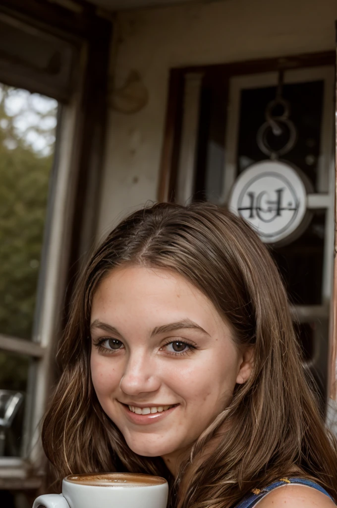 full color portrait of a young woman, having coffee at a vintage cafe, smile, natural light, RAW photo, subject, 8k uhd, dslr, soft lighting, high quality, film grain, Fujifilm XT3